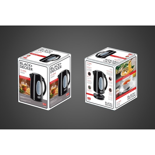 BLACK+DECKER JC69 kettle packaging with black electric kettle image and product features on white boxes, angled view.