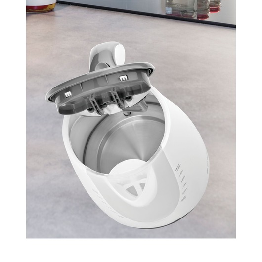BLACK+DECKER JC72 white electric kettle with open lid, showing stainless steel interior, side angle.