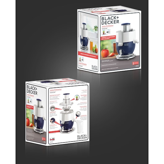 Photo of BLACK+DECKER JE350 juice extractor box showing product image, features, and specifications on white background.