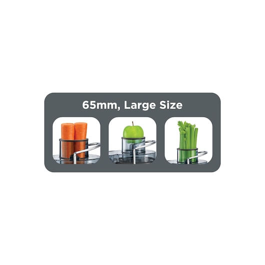 BLACKDECKER JE600 juicer top view showing 65mm large chute with carrots, apple, and celery for size reference.