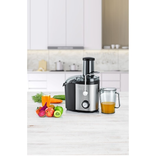 BLACKDECKER JE800 juicer with fruits and vegetables on kitchen counter, stainless steel finish.