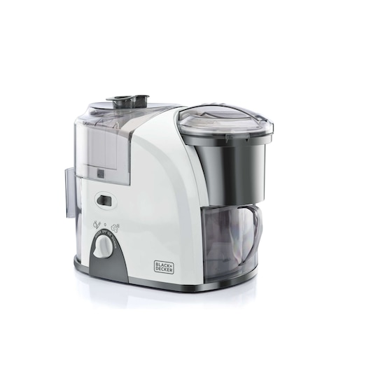 A Black+Decker compact electric juicer with a white and gray design, shown on a white background. The juicer features a transparent container for juice collection and a control knob on the front.