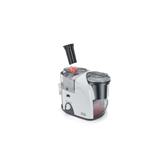 Photo of BLACK+DECKER JIS300 white and black compact juicer, angled view, with transparent pulp container and feed chute.