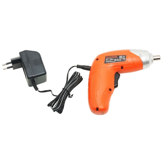 An orange and black cordless electric screwdriver with a charger, shown on a white background.