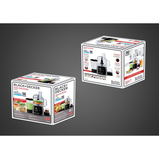 Photo of BLACK+DECKER KR42 food processor packaging with images of the appliance and food, shown from two angles on gray background.