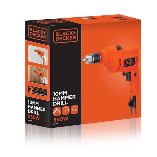 Photo of BLACK+DECKER KR5010V-TR 10mm hammer drill 550W, orange tool image on box, front angle, white background.