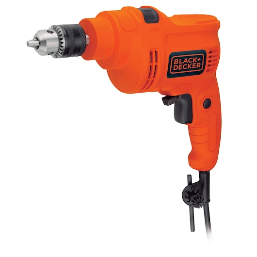 BLACK+DECKER KR5010V orange corded drill side view with key chuck, power switch, and textured grip.