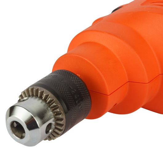 BLACKDECKER KR5010 orange electric drill close-up, front angle, showing metal keyed chuck