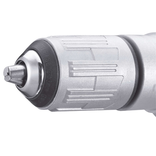 Close-up photo of BLACKDECKER drill chuck in silver finish, front angle, SKU KR703K, power tool category.