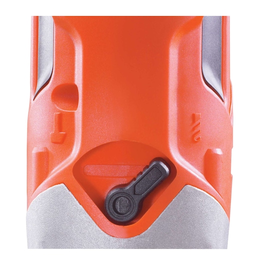 BLACKDECKER KR703K orange and silver drill body close-up, featuring black adjustment lever, front angle.