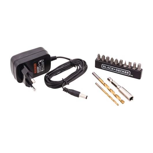 BLACK+DECKER LD12SP charger, power adapter, drill bits, screwdriver bits, and bit holder set, front angle on white.