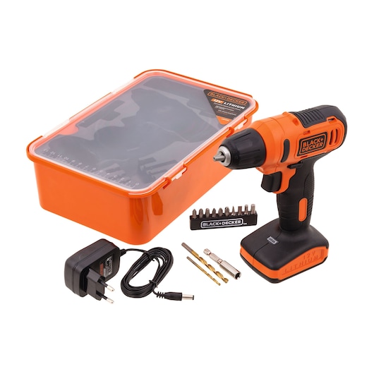 BLACK+DECKER LD12SP cordless drill set with orange case, charger, drill bits, and driver bits, front angle.