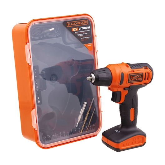 BLACK+DECKER 12V cordless drill with black and orange case, SKU LD12SP, front angle.
