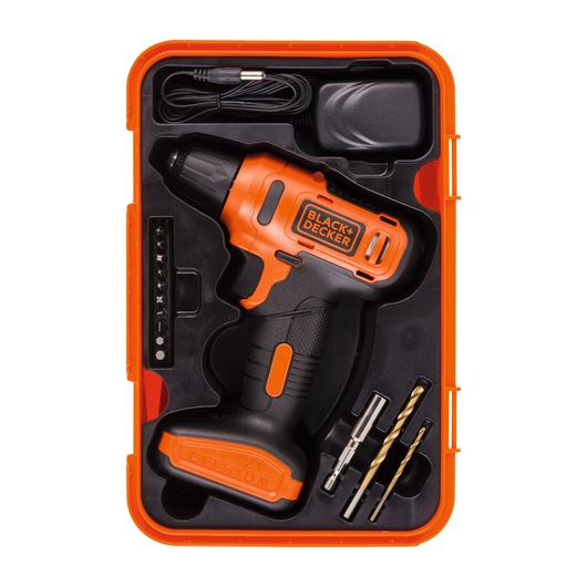 BLACK+DECKER LD12SP cordless drill kit in orange plastic case, includes drill bits, screwdriver bits, and charger, top view.