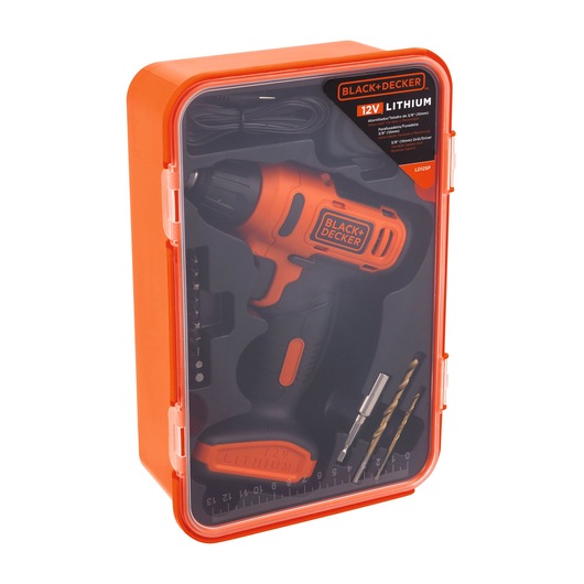 BLACK+DECKER LD12SP orange 12V lithium cordless drill kit in closed plastic case, front angle.