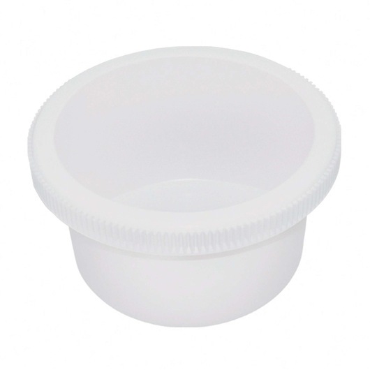 A white round plastic container with a textured rim, photographed against a white background.