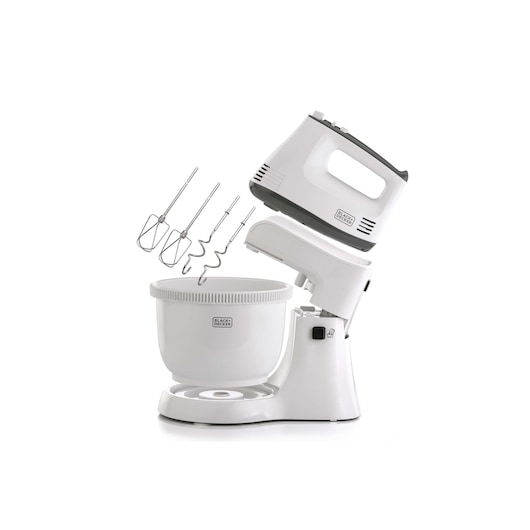 A BLACK+DECKER M700 stand mixer with detachable hand mixer, four metal beaters, and a white mixing bowl, displayed on a white background.