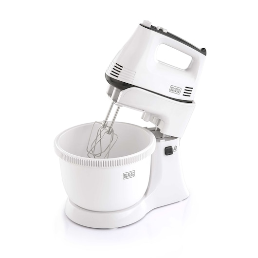 BLACK+DECKER M700 white stand mixer with bowl, front angle on white background.