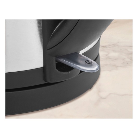 BLACKDECKER MBF50 kettle base and power switch, close-up side angle, black and silver finish