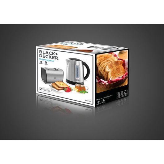 Photo of BLACK+DECKER MBF50 mini breakfast set box with a kettle and toaster, front angled view on white background.