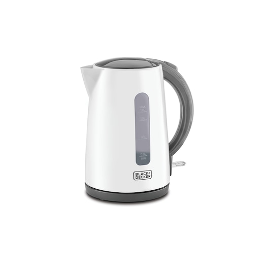 A WHITE BLACK+DECKER electric kettle with a grey handle and base, featuring a water level indicator on the side. The kettle has a modern design and is photographed against a plain white background.