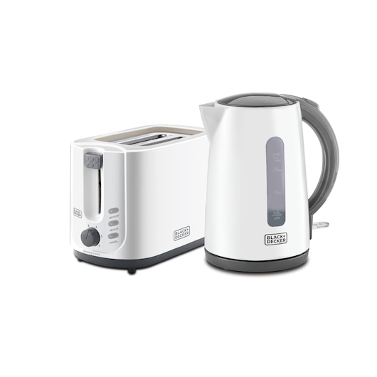 A WHITE BLACK+DECKER toaster and electric kettle set. Both appliances have a modern design with grey accents. The toaster features multiple function buttons and browning control, and the kettle has a visible water level gauge.