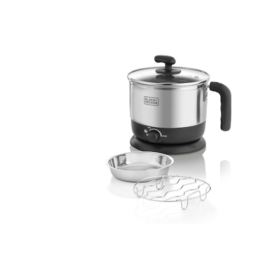BLACK+DECKER MK100 stainless steel electric cooker with black handle, glass lid, metal bowl, and wire rack, front angle.