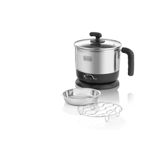 BLACKDECKER MK100 stainless steel electric pot with black handle, metal bowl, and wire rack, front angle.