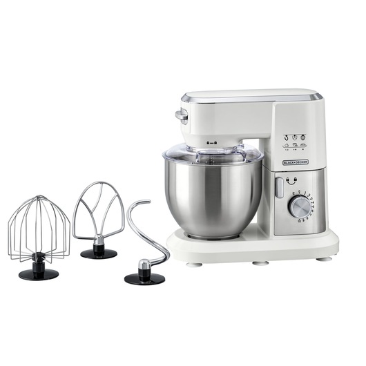 A BLACK+DECKER stand mixer with a stainless steel mixing bowl and three detachable attachments: a wire whisk, a flat beater, and a dough hook.