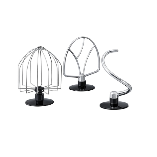 BLACKDECKER MKM100 stand mixer attachments set, whisk, beater, and dough hook, silver and black, studio angle.