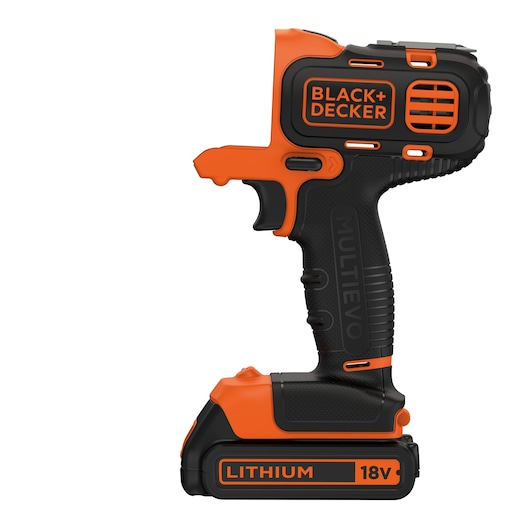 A BLACK+DECKER branded cordless power tool handle with orange and black color scheme, featuring an 18V lithium battery. The tool is part of the MULTIEVO series and is shown without a drill or accessory head attached.