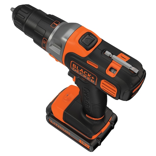A BLACK+DECKER cordless power drill with an orange and black design, featuring a lithium battery and ergonomic grip.