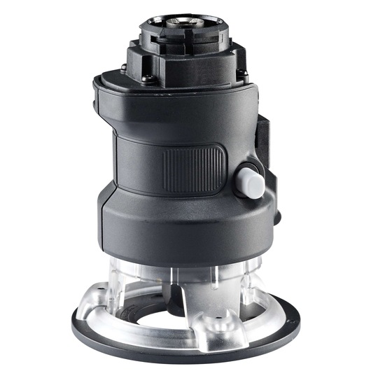 BLACK+DECKER MT218K compact black router accessory, front angle, with clear base and textured grip.