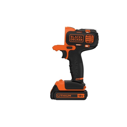 Photo of BLACK+DECKER MT218K cordless drill driver, black and orange, side view, with 18V lithium battery.