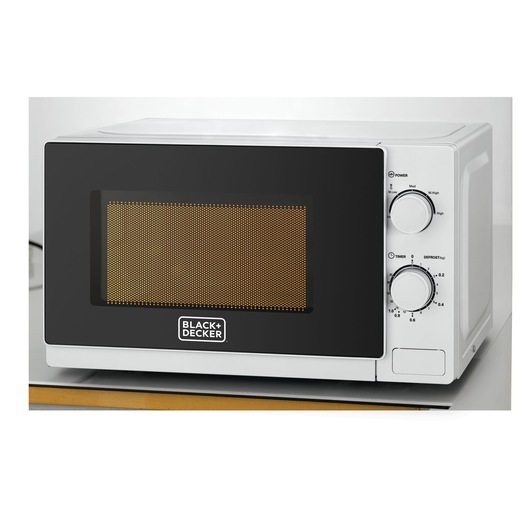 A BLACK+DECKER microwave oven with a black front panel and two control knobs on the right side, placed on a countertop.