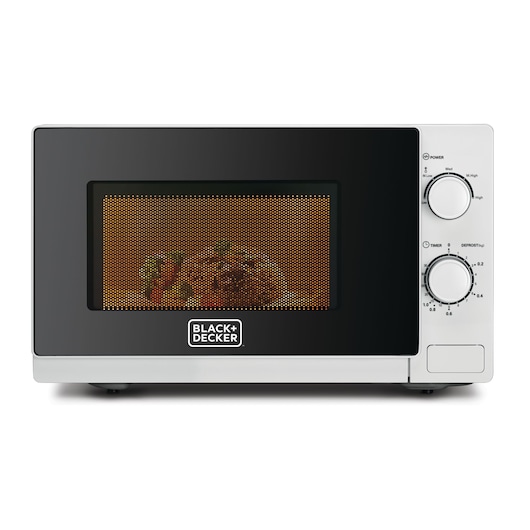 Photo of BLACK+DECKER MZ2020PSA microwave oven with black front door and silver control knobs, front angle.