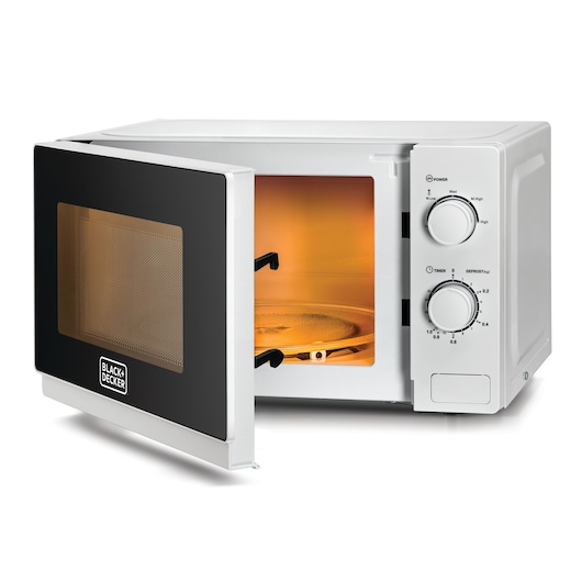 Photo of BLACK+DECKER MZ2020PSA microwave oven with open door, white body, glass turntable, and control knobs, front angle.
