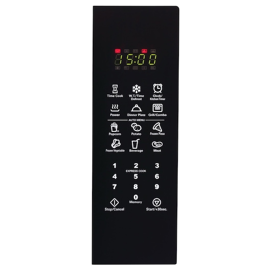 BLACKDECKER MZ30PGSA microwave black control panel, digital display, menu buttons, white background, front view.