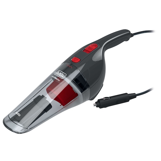 A BLACK+DECKER handheld car vacuum cleaner, model NV1210AV, featuring a transparent dust container and red filter, with a power cord ending in a car cigarette lighter plug.