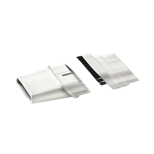 A detachable vacuum cleaner brush accessory in silver color, shown with two separate pieces. One part is a nozzle, and the other is a brush attachment.
