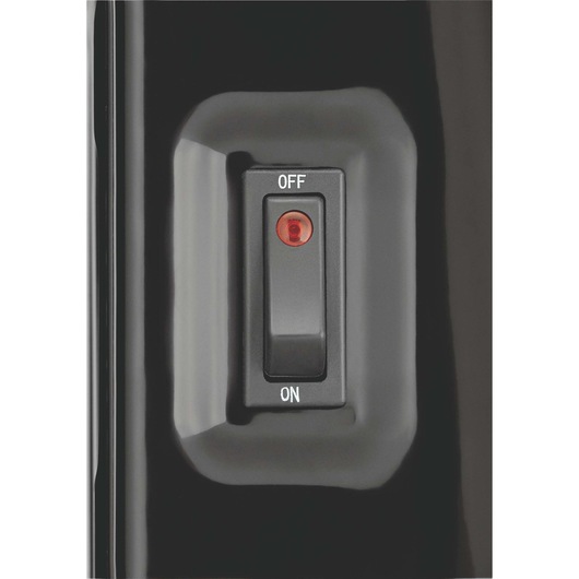 BLACKDECKER OR013FD black switch detail with red indicator, photographed from the front.