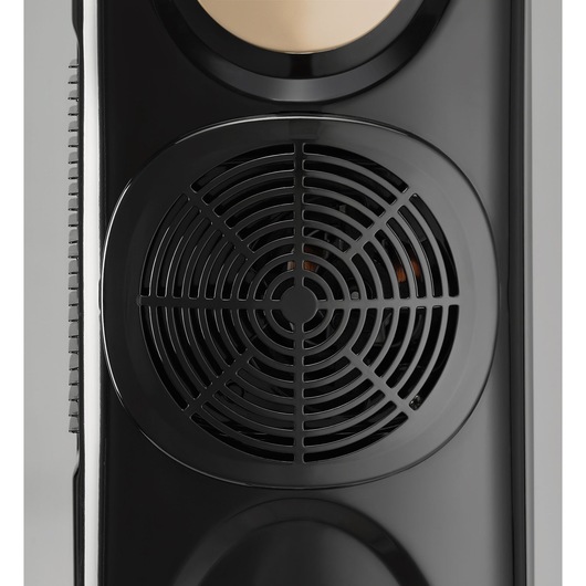 BLACKDECKER OR013FD heater close-up front view showing black vent grille and sleek black surface.