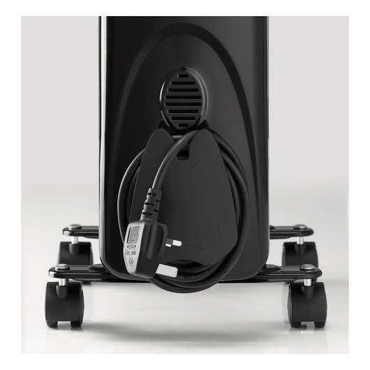 BLACKDECKER OR013FD electric heater back view, showing power cord wrapped on cord storage and caster wheels.