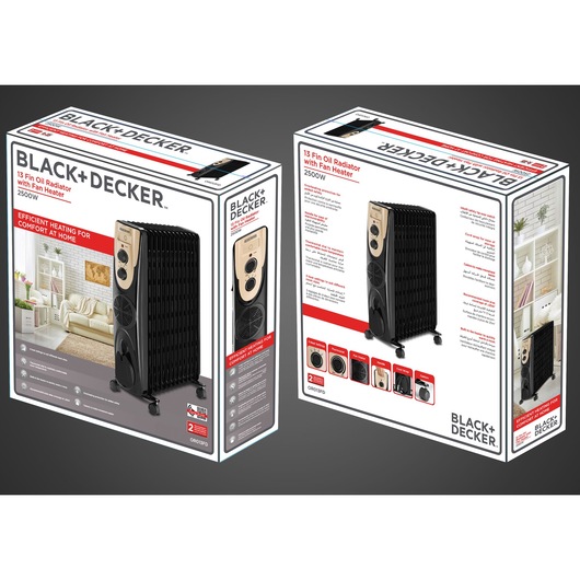 Photo of BLACK+DECKER 13 fin oil radiator with fan heater 2500W OR013FD packaging, showing product image and features.