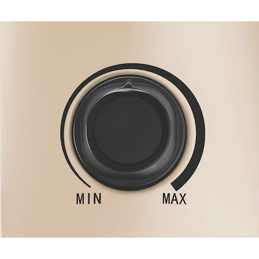 BLACK+DECKER OR090D control dial with black knob, showing min and max settings, close-up photo.