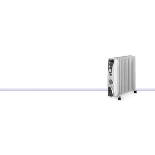 A portable oil-filled radiator heater with control panel and wheels is placed on a white background.