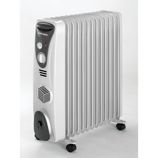 A BLACK+DECKER portable oil-filled radiator heater with multiple fins, control knobs, indicator light, and caster wheels for mobility, shown against a white background.