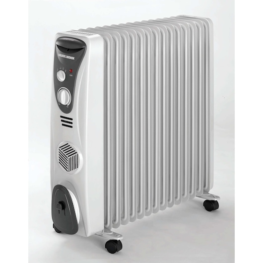 An electric oil-filled radiator heater with multiple fins and control knobs on the front panel, shown standing upright on four wheels. The heater is branded BLACK+DECKER and has a sleek, modern design.
