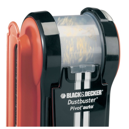 Close-up photo of BLACK+DECKER Dustbuster Pivot Auto handheld vacuum, SKU PAV1205, showing dust chamber and branding.