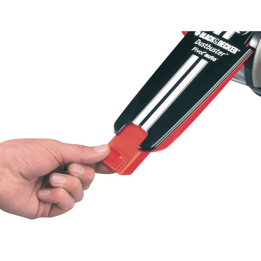 BLACKDECKER PAV1205 handheld vacuum nozzle close-up, red and black, with hand adjusting tip, white background